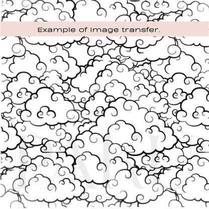 Black and white cloud pattern with a text box labeled 'Example of image transfer'.
japanese inspired puffy cloud patterned silkscreen stencil for polymer clay and cake making