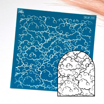 blue japanese inspired puffy cloud patterned silkscreen stencil with the black and white example of image transfer, for polymer clay and cake making
