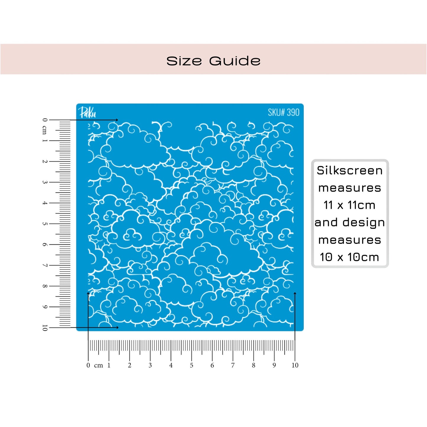 Blue silkscreen with cloud pattern and size guide on a white background