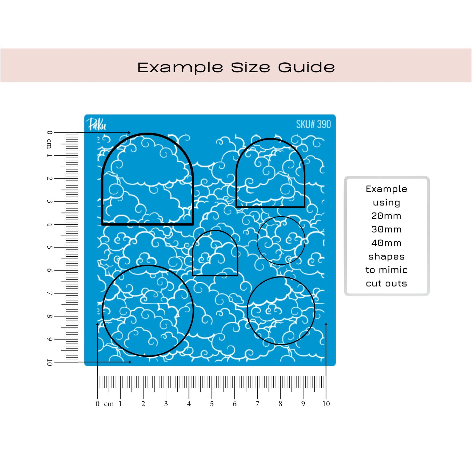 Blue silkscreen stencil with cloud patterns and size guide on a white background