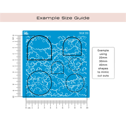 Blue silkscreen stencil with cloud patterns and size guide on a white background
