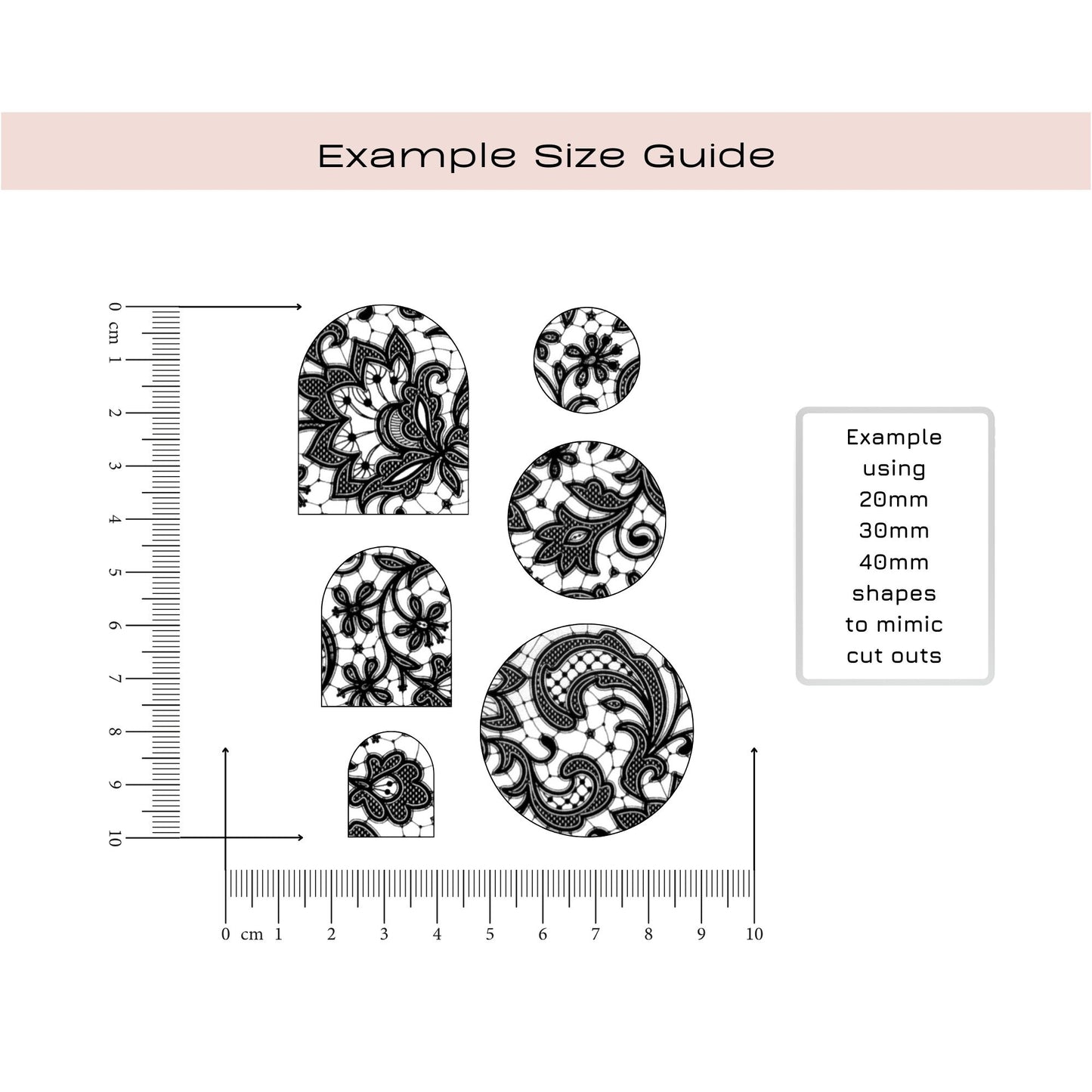 A size guide diagram showing black-and-white floral and paisley cut-out shapes with printed millimeter rulers and a text box explaining the example measurements. Silkscreen stencil
