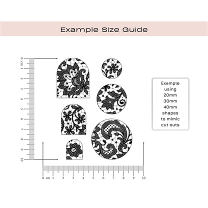 A size guide diagram showing black-and-white floral and paisley cut-out shapes with printed millimeter rulers and a text box explaining the example measurements. Silkscreen stencil
