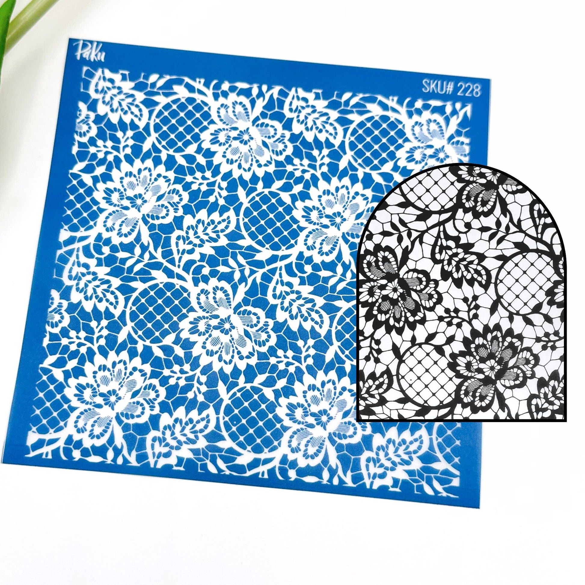 Blue vintage-inspired silkscreen stencil for use with polymer clay jewellery making