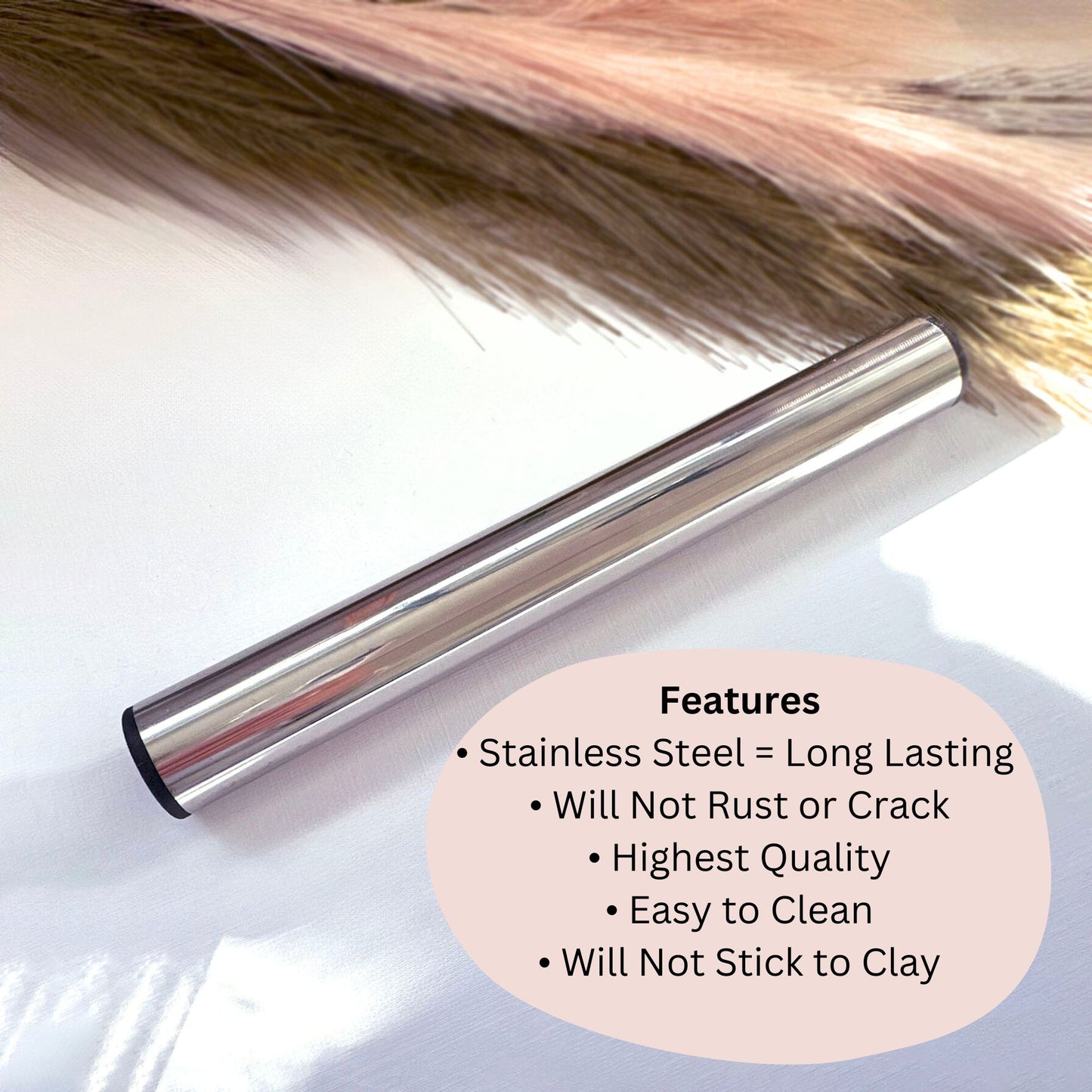 Metal rolling pin tool for polymer clay on a white surface featuring text about its features. Cernit Rolling Pin | Stainless Steel - for polymer clay