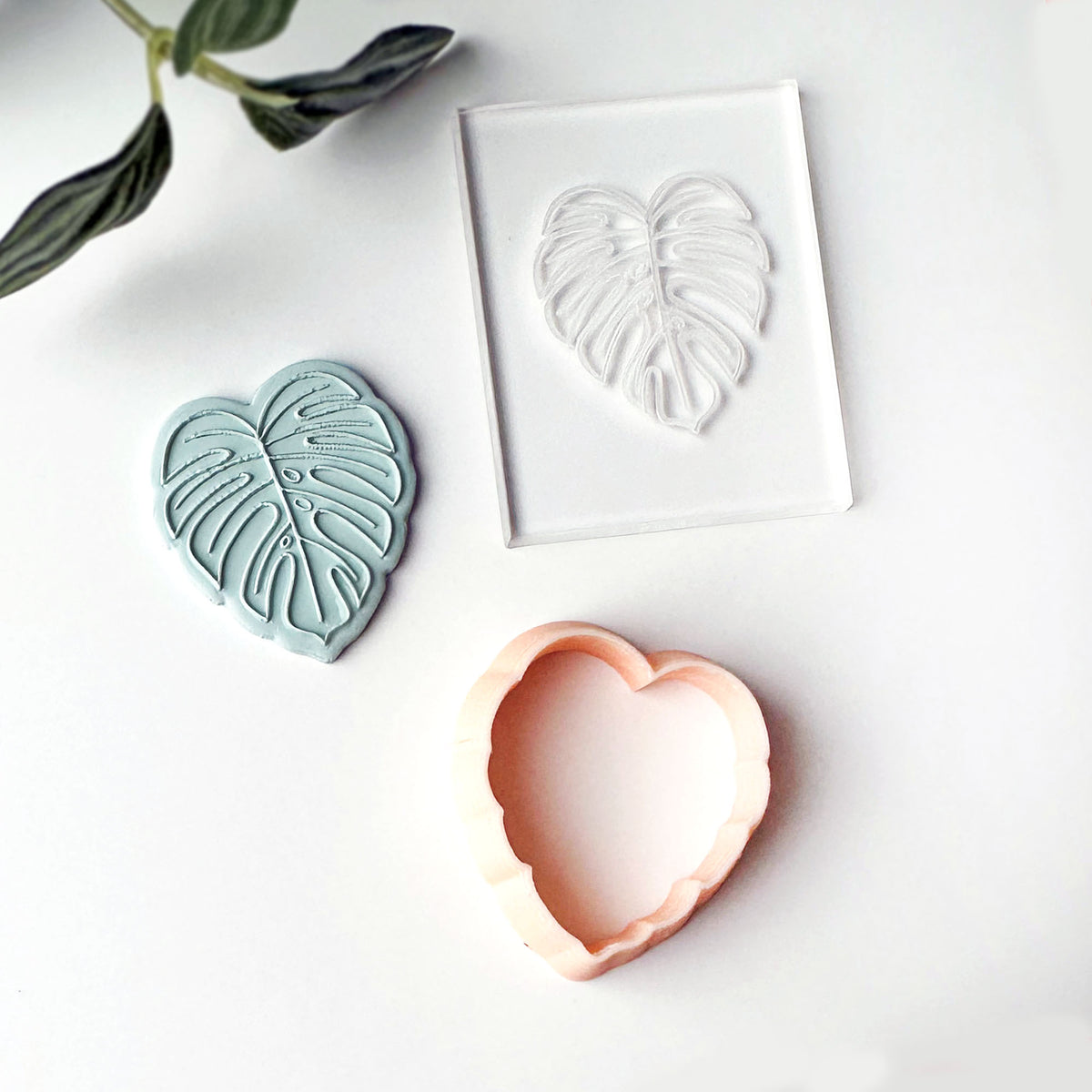 A monstera leaf cookie cutter in a peach, a matching light blue leaf-shaped stamp of the texture and cutter shape, and a monstera leaf stamp in a clear acrylic block, arranged on a white surface with a green leaf stem in the corner.