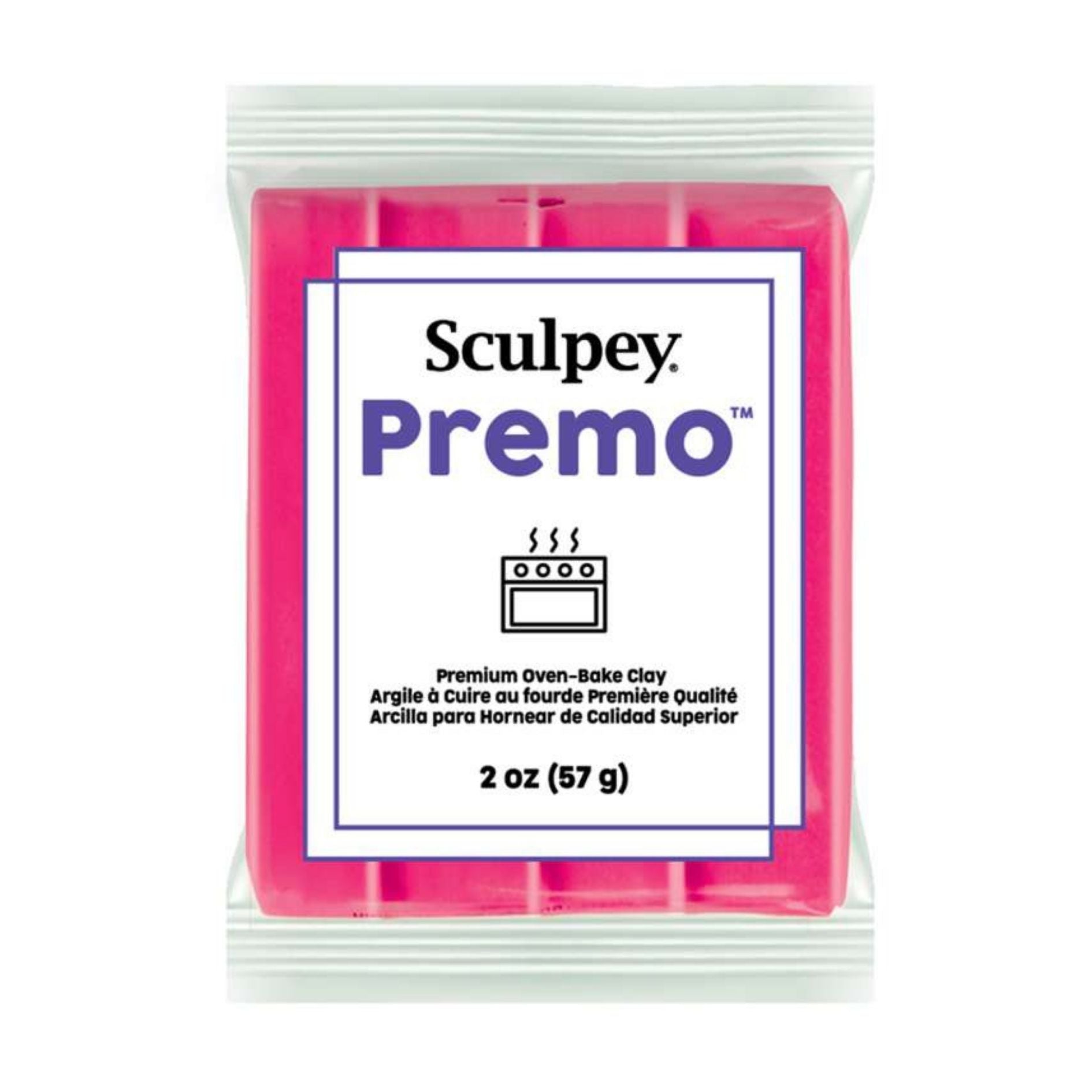 Sculpey Premo clay package with pink clay block on a white background -  Sculpey Premo Polymer Clay  Fluorescent Pink - 57g - 