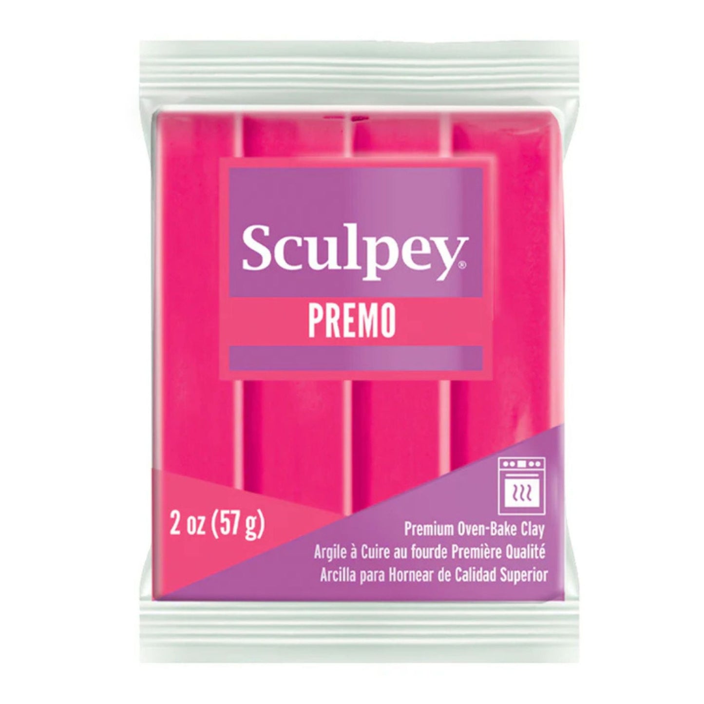 Sculpey Premo packaging with pink clay block inside on a white background -Sculpey Premo Polymer Clay  Fluorescent Pink - 57g - 