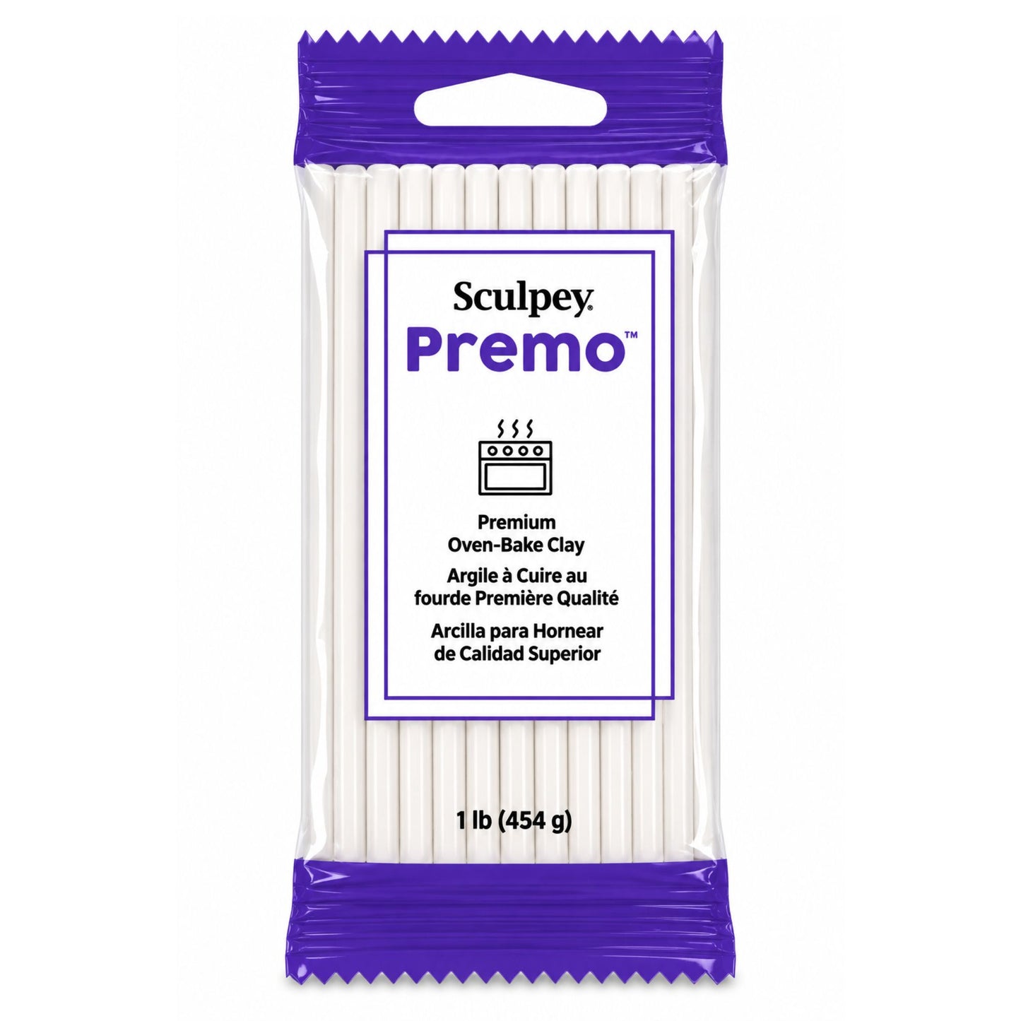 Packaging of Sculpey Premo white oven-bake polymer clay with purple top and white body on a white background - 454g 1lb