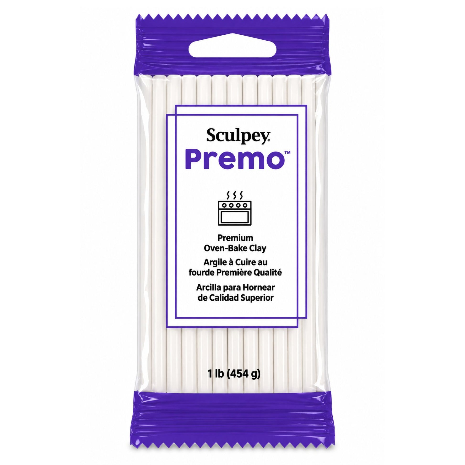 Packaging of Sculpey Premo white oven-bake polymer clay with purple top and white body on a white background - 454g 1lb
