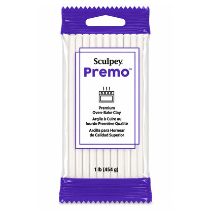 Packaging of Sculpey Premo white oven-bake polymer clay with purple top and white body on a white background - 454g 1lb