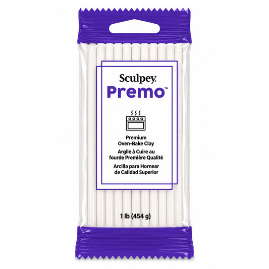 Packaging of Sculpey Premo white oven-bake polymer clay with purple top and white body on a white background - 454g 1lb