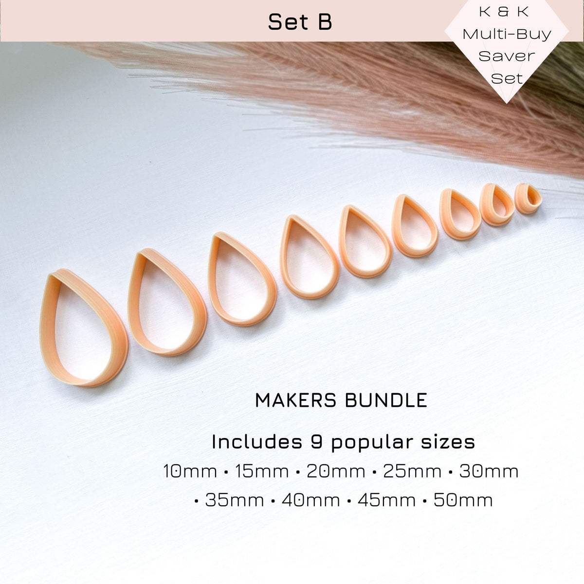 A saver set of nine peach-coloured teardrop plastic clay cutters in various sizes, ranging from 10mm to 50mm. The cutters are shaped like petals or raindrops