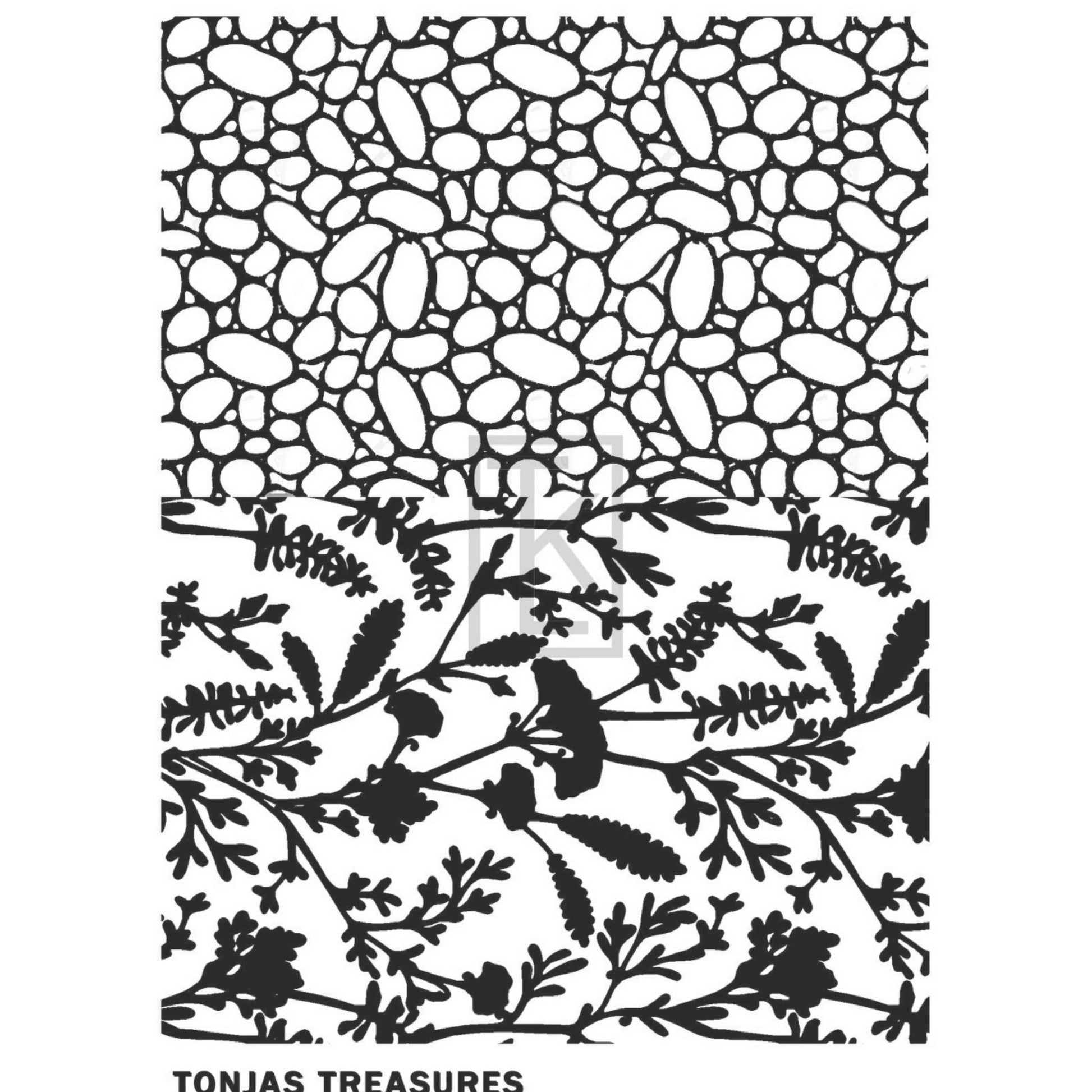 Black and white patterned design featuring a top section of irregular pebble-like shapes and a bottom section of floral silhouettes on a white background, with the text 'TONJAS TREASURES' below.