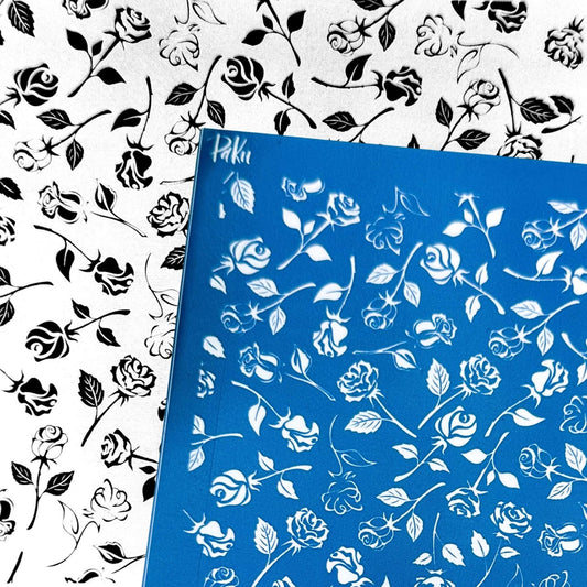 blue roses floral patterned silkscreen stencil with the black and white example of image transfer, for polymer clay and cake making