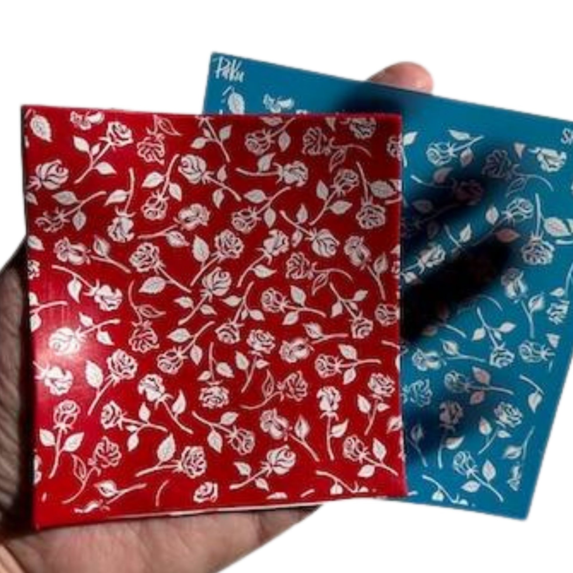 blue roses patterned silkscreen stencil with a red polymer clay of image transfer, for clay and cake making