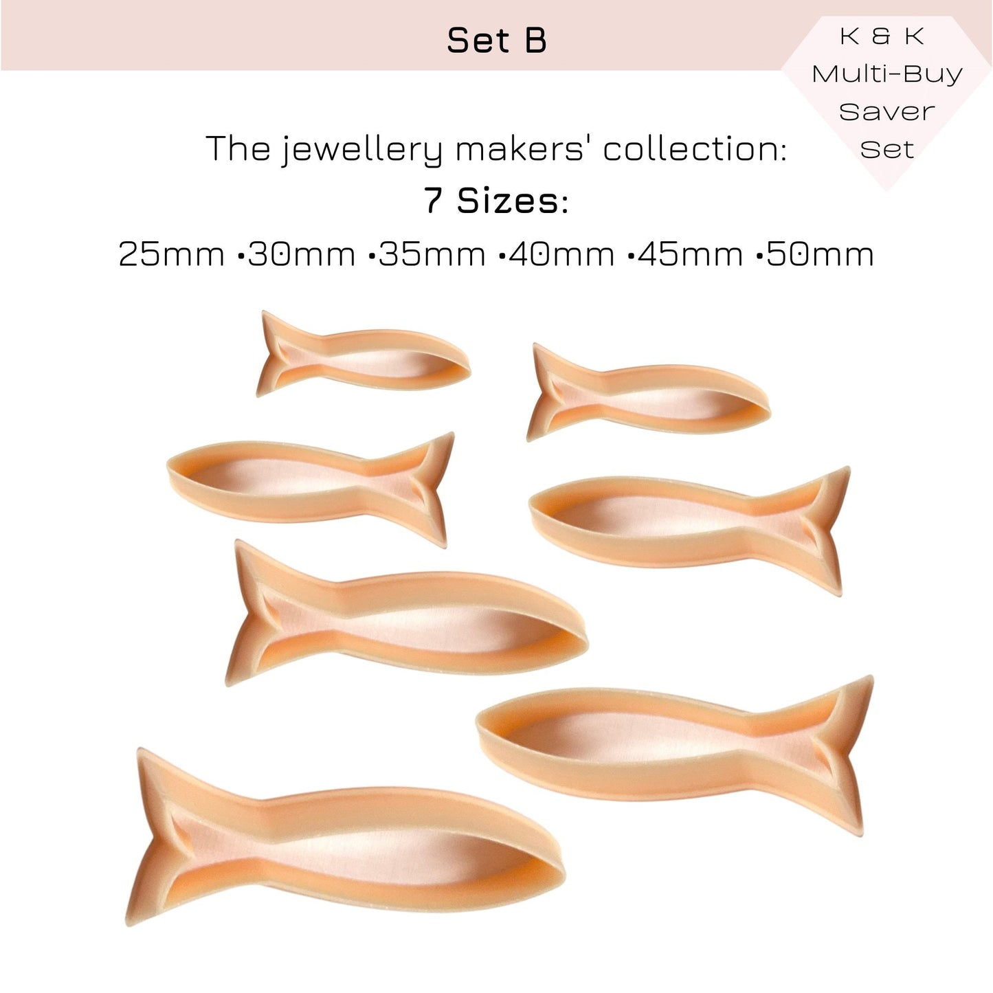Sardine clay cutter. Long fish shape cutting tool for handmade jewellery making - set of 7 sizes