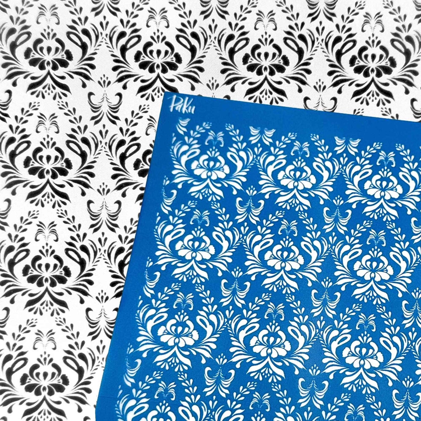 blue greek inspired satorini patterned silkscreen stencil with the black and white example of image transfer, for polymer clay and cake making