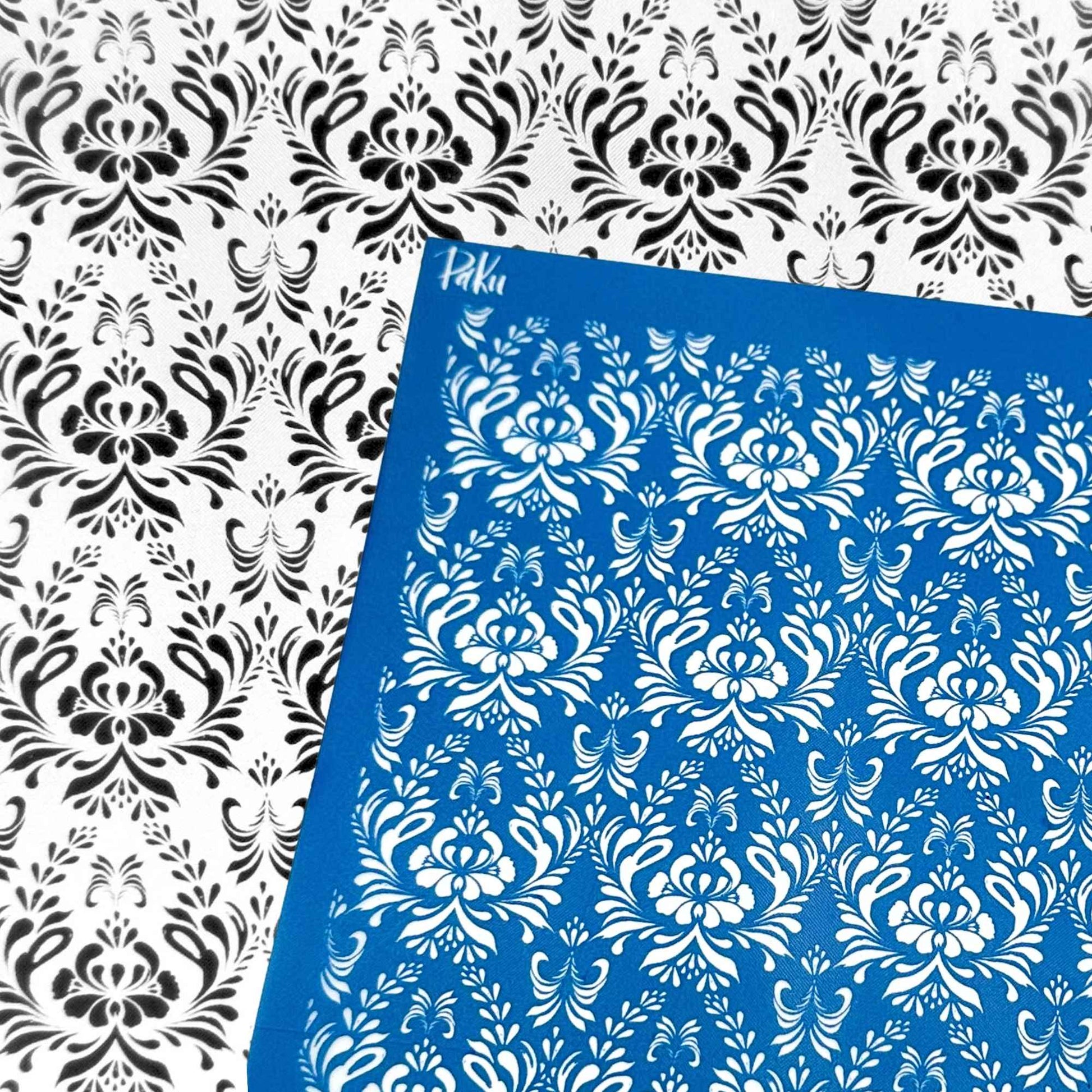 blue greek inspired satorini patterned silkscreen stencil with the black and white example of image transfer, for polymer clay and cake making