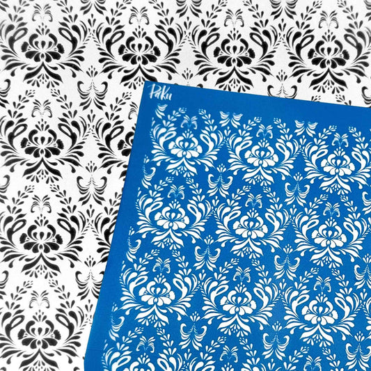 blue greek inspired satorini patterned silkscreen stencil with the black and white example of image transfer, for polymer clay and cake making