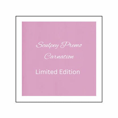 Pink square with white text 'Sculpey Premo Carnation Limited Edition' on a white background