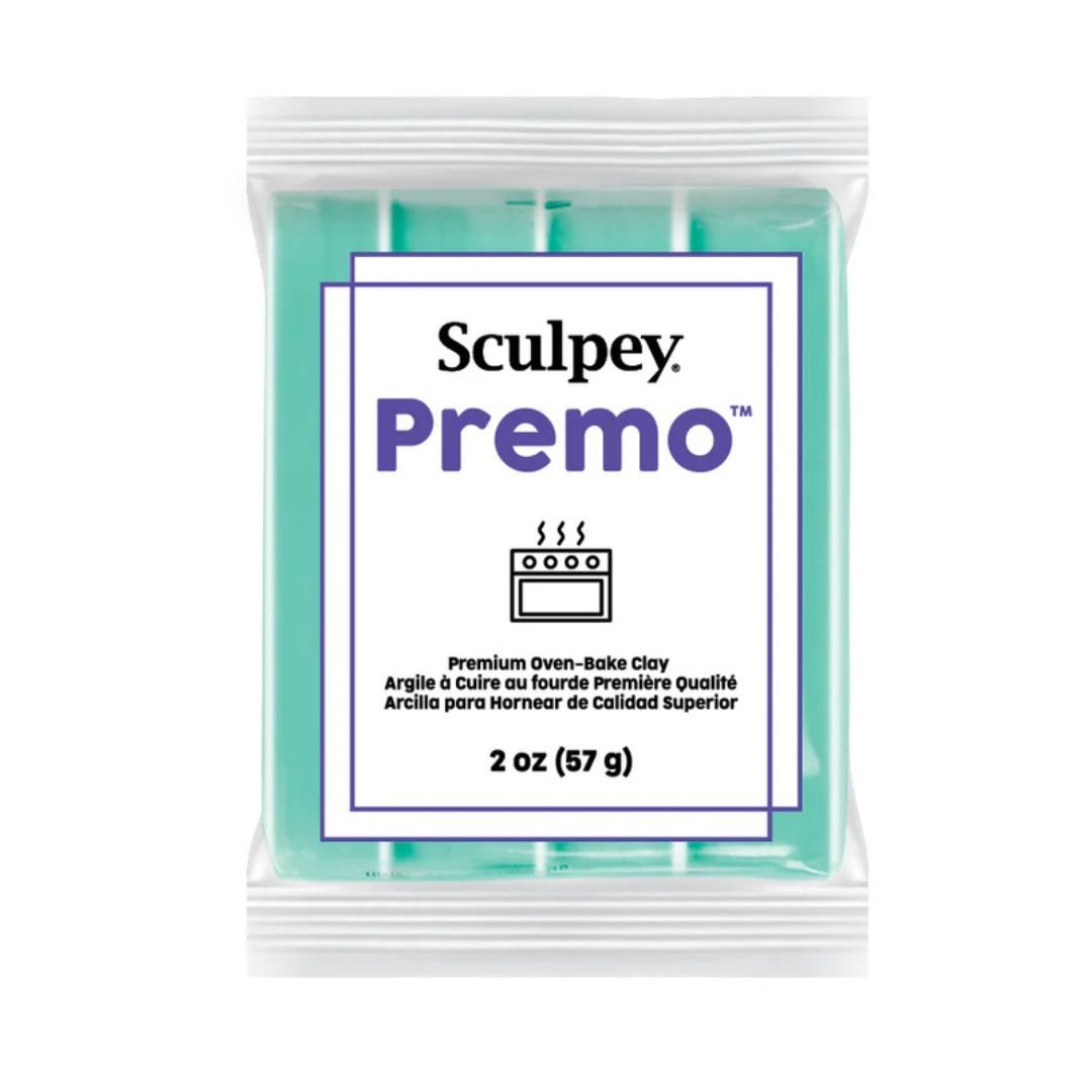 Sculpey Premo polymer clay in colour -Mint. A fresh, cool colour with a smooth, solid finish, mint is a soft pastel shade that brings a light, airy feel to modern and fresh designs. Its clean tone makes it perfect for spring palettes and contemporary jewellery pieces.