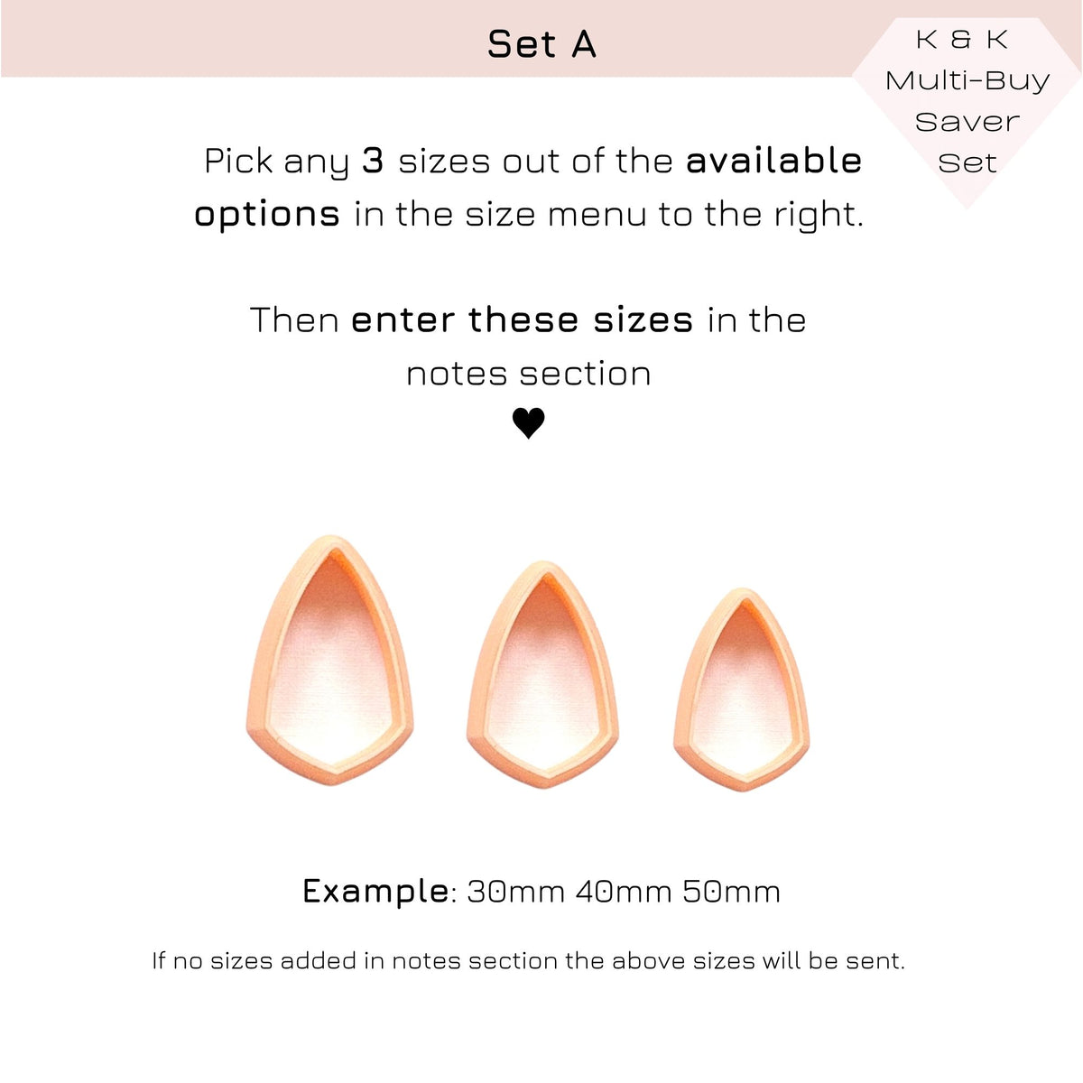 Size selection graphic for a multi-buy set of three teardrop-shaped clay cutters labeled Set A. The image shows three peach-colored shapes on a white background with text instructions to pick any 3 sizes from the available options and enter them in the notes section, with an example of 30mm, 40mm, and 50mm.
