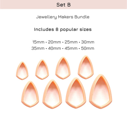 A product information graphic for a 'Jewellery Makers Bundle' labeled 'Set B'. It shows eight peach-colored teardrop-shaped clay cutters of different sizes on a white background, with text listing sizes from 15mm to 50mm.
