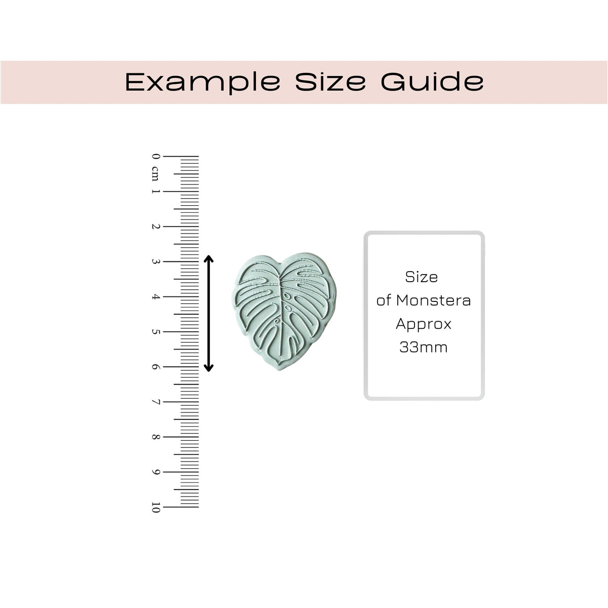 Example size guide showing a mint green leaf-shaped mold or ornament next to a centimeter ruler and a label stating 'Size of Monstera Approx 33mm'.