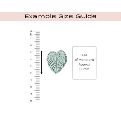 Example size guide showing a mint green leaf-shaped mold or ornament next to a centimeter ruler and a label stating 'Size of Monstera Approx 33mm'.