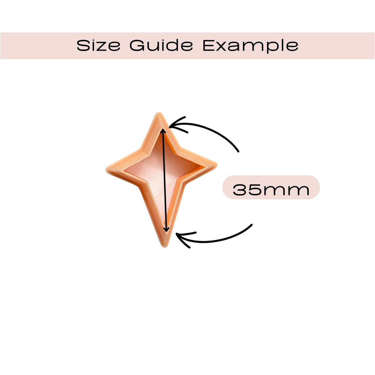Size guide diagram showing a star-shaped clay cutter with a 35mm height measurement indicated by arrows and text labels.