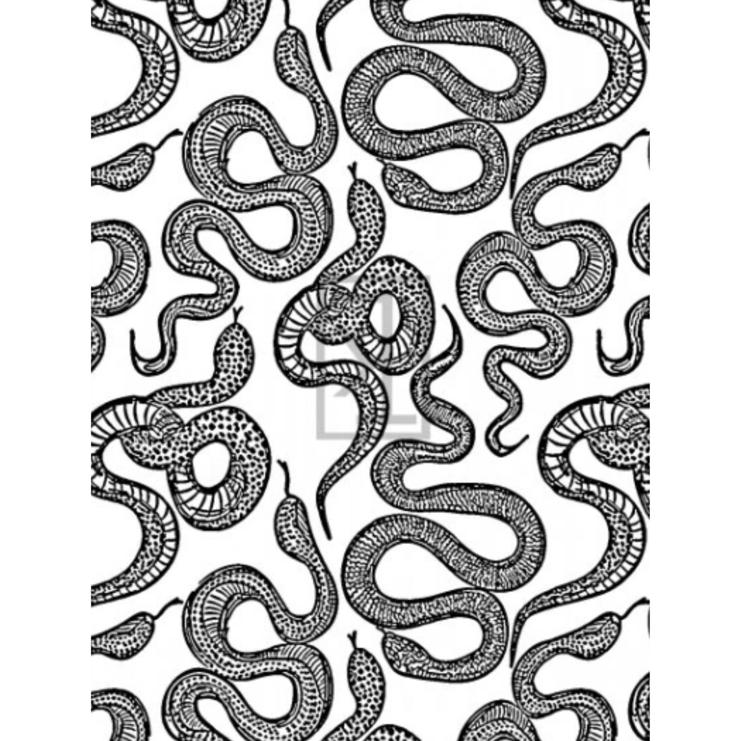 Black and white seamless pattern featuring hand-drawn snakes with detailed scales and eye details. silkscreen stencil.