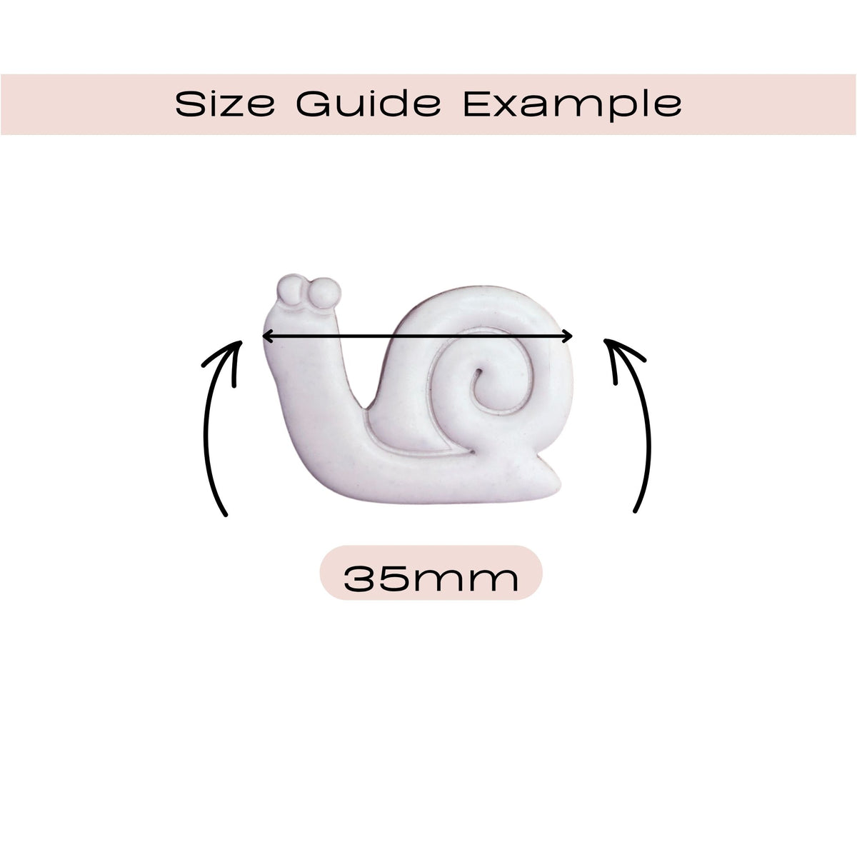 Size guide diagram showing a white snail-shaped item with a double-arrow width measurement labeled 35mm on a white background with a pale pink header reading 'Size Guide Example'.