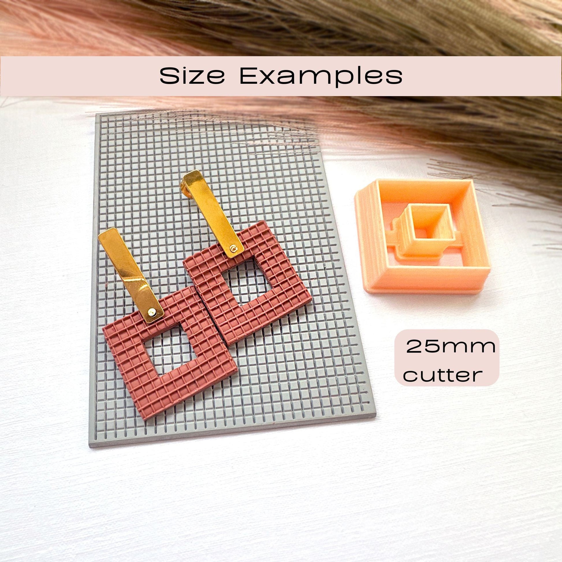 The picture shows a pair of brick coloured square earrings made from polymer clay, using the square plaid texture mat they are sat on. They are made with the 25mm square donut clay cutter sat beside them. Size example.