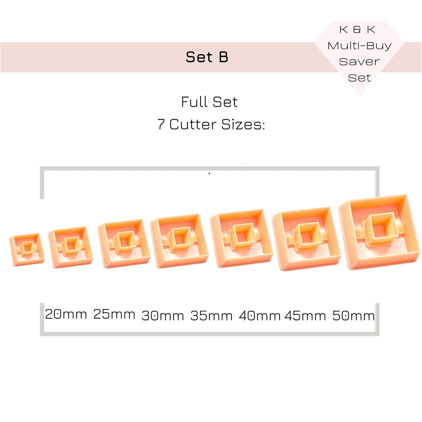 Set of seven square clay cutters with sizes 20mm to 50mm on a white background.
