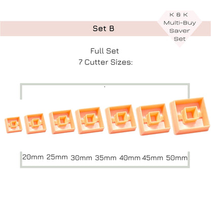 Set of seven square clay cutters with sizes 20mm to 50mm on a white background.