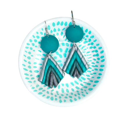 Teal and silver earrings on a decorative plate with a white background - made with Sculpey Premo Polymer Clay | Teal - 57g - 