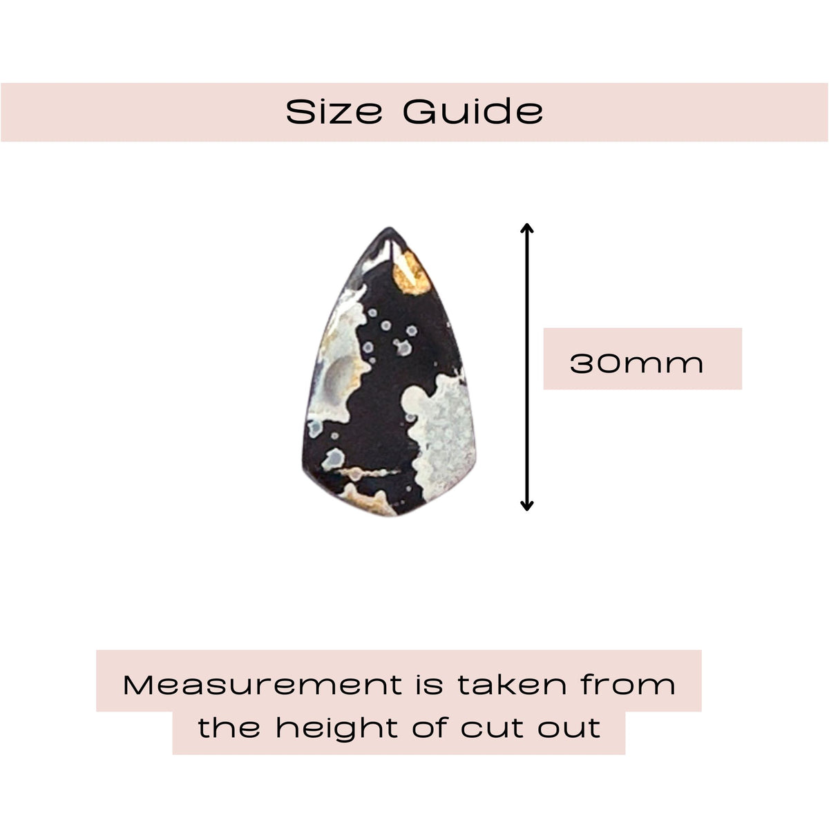 Size guide graphic showing a teardrop-shaped cabochon gemstone with a 30mm height measurement. The gemstone has a black base with white, gray, and gold agate-like patterns.