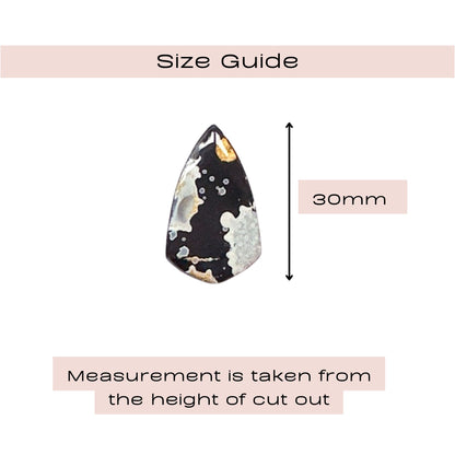 Size guide graphic showing a teardrop-shaped cabochon gemstone with a 30mm height measurement. The gemstone has a black base with white, gray, and gold agate-like patterns.