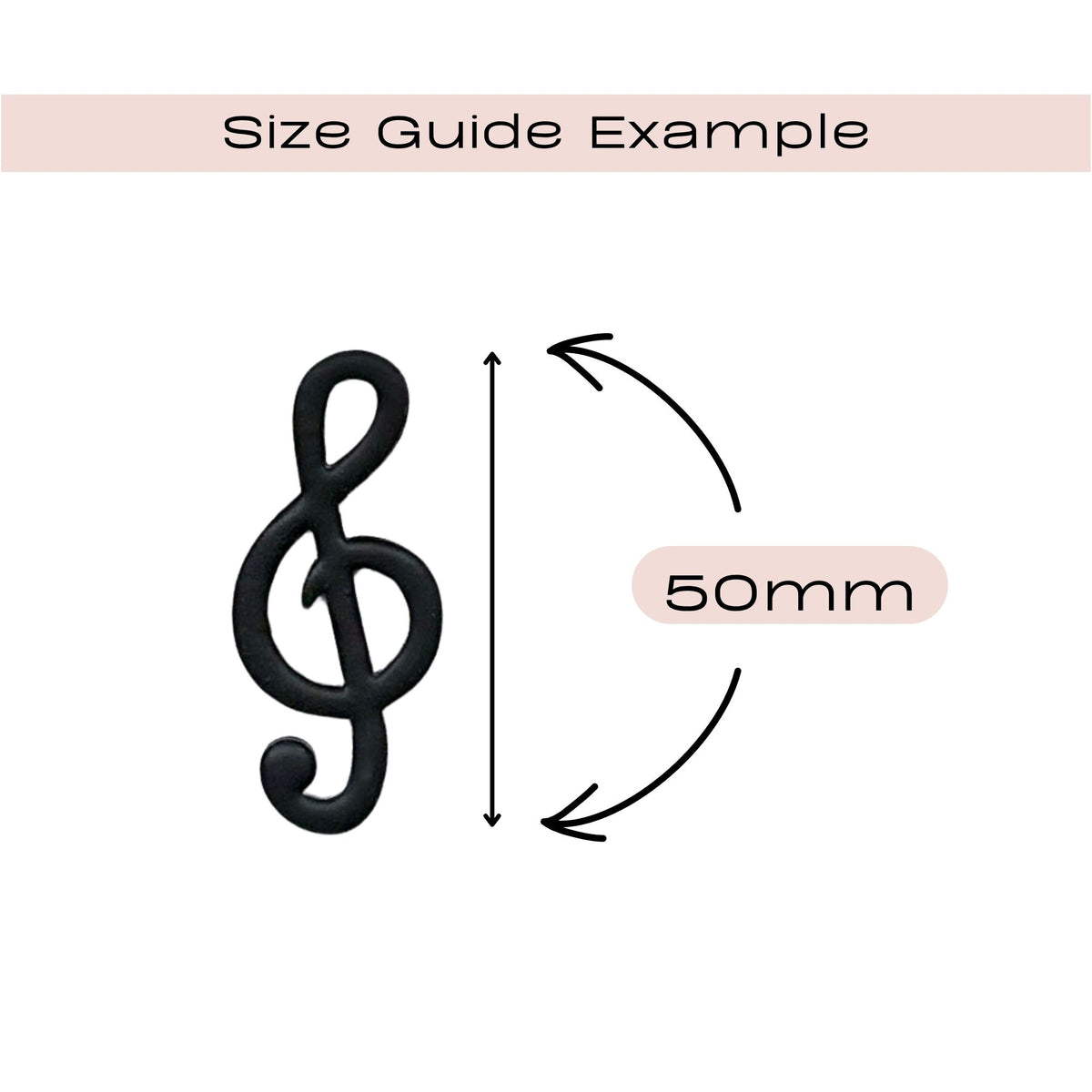 A size guide diagram showing a black treble clef with arrows and text indicating a 50mm measurement.