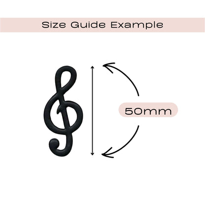A size guide diagram showing a black treble clef with arrows and text indicating a 50mm measurement.
