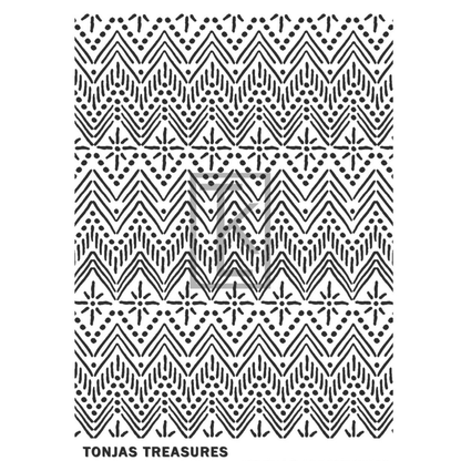 Silkscreen stencil tribal whimsy. The text "TONIA'S TREASURES" is printed at the top of the sheet.